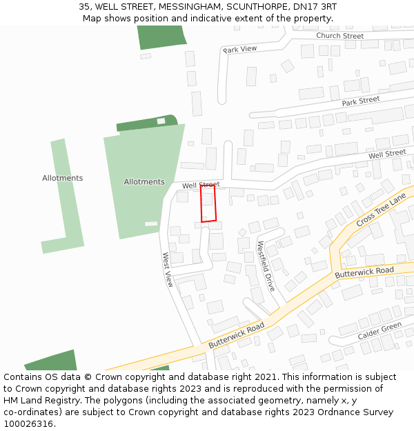 35, WELL STREET, MESSINGHAM, SCUNTHORPE, DN17 3RT: Location map and indicative extent of plot