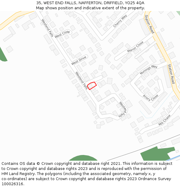 35, WEST END FALLS, NAFFERTON, DRIFFIELD, YO25 4QA: Location map and indicative extent of plot