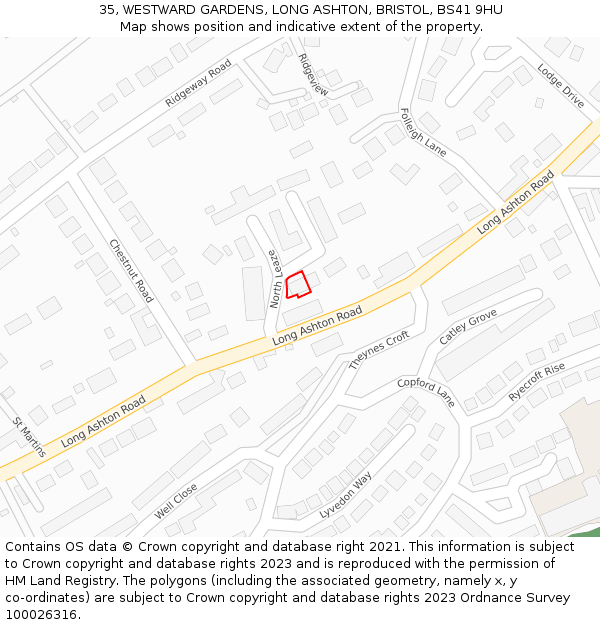 35, WESTWARD GARDENS, LONG ASHTON, BRISTOL, BS41 9HU: Location map and indicative extent of plot