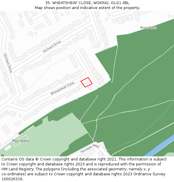 35, WHEATSHEAF CLOSE, WOKING, GU21 4BL: Location map and indicative extent of plot