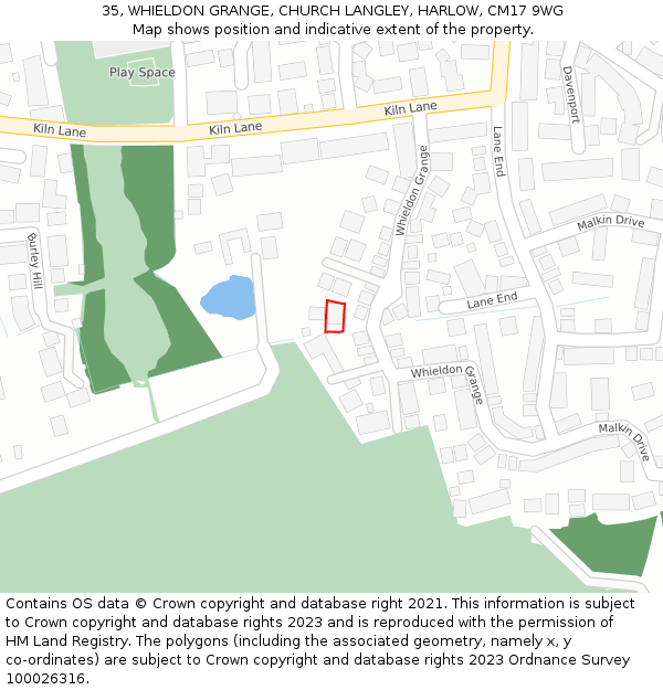 35, WHIELDON GRANGE, CHURCH LANGLEY, HARLOW, CM17 9WG: Location map and indicative extent of plot