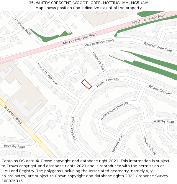 35, WHITBY CRESCENT, WOODTHORPE, NOTTINGHAM, NG5 4NA: Location map and indicative extent of plot