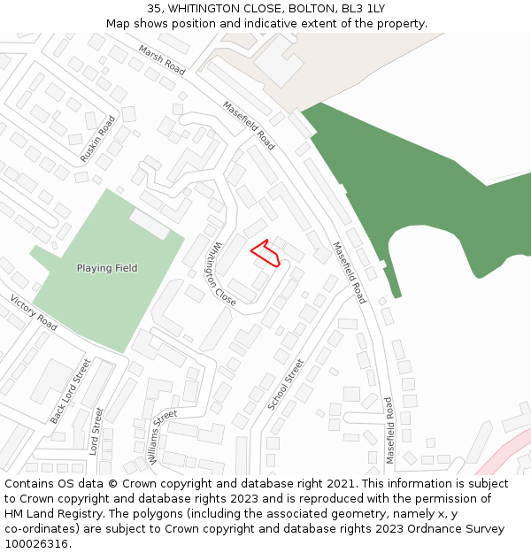 35, WHITINGTON CLOSE, BOLTON, BL3 1LY: Location map and indicative extent of plot