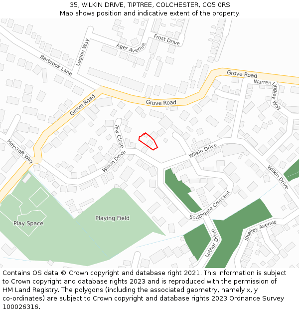 35, WILKIN DRIVE, TIPTREE, COLCHESTER, CO5 0RS: Location map and indicative extent of plot
