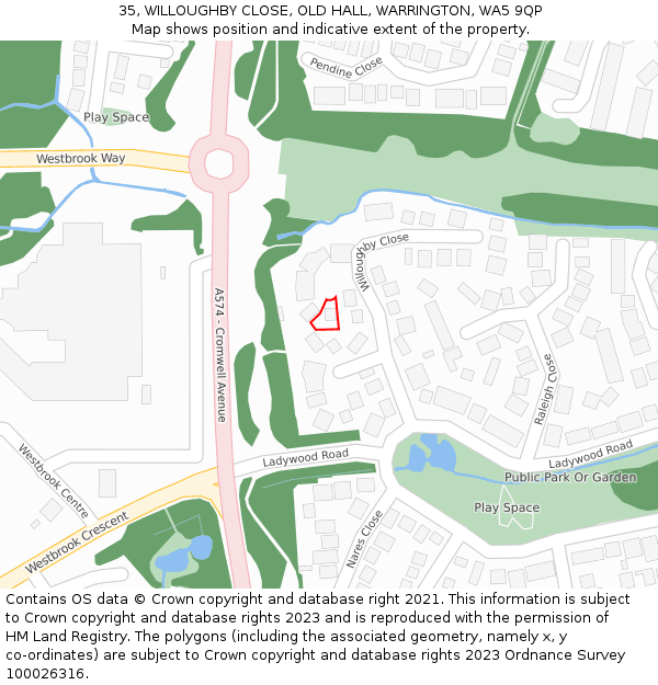 35, WILLOUGHBY CLOSE, OLD HALL, WARRINGTON, WA5 9QP: Location map and indicative extent of plot