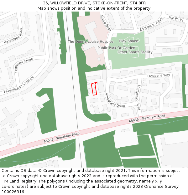 35, WILLOWFIELD DRIVE, STOKE-ON-TRENT, ST4 8FR: Location map and indicative extent of plot