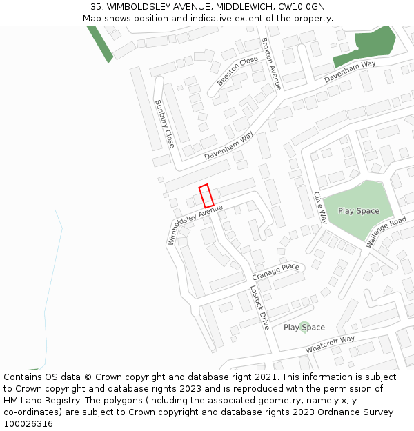 35, WIMBOLDSLEY AVENUE, MIDDLEWICH, CW10 0GN: Location map and indicative extent of plot