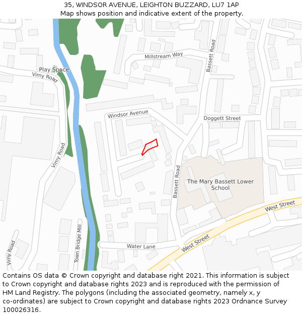 35, WINDSOR AVENUE, LEIGHTON BUZZARD, LU7 1AP: Location map and indicative extent of plot