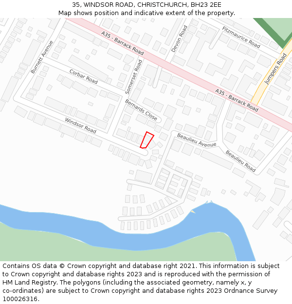 35, WINDSOR ROAD, CHRISTCHURCH, BH23 2EE: Location map and indicative extent of plot