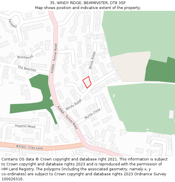 35, WINDY RIDGE, BEAMINSTER, DT8 3SP: Location map and indicative extent of plot