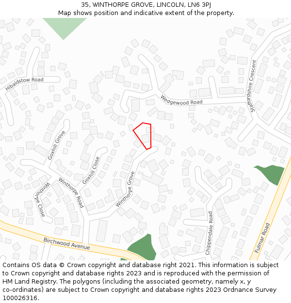 35, WINTHORPE GROVE, LINCOLN, LN6 3PJ: Location map and indicative extent of plot