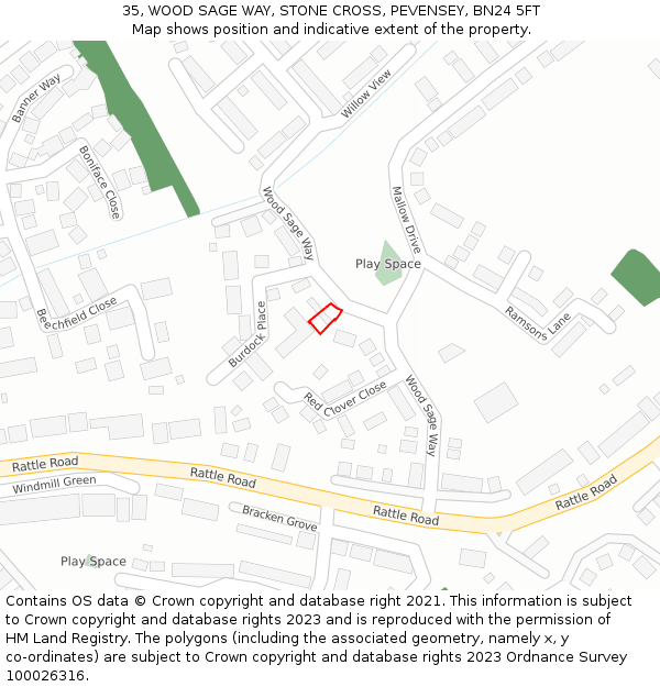 35, WOOD SAGE WAY, STONE CROSS, PEVENSEY, BN24 5FT: Location map and indicative extent of plot