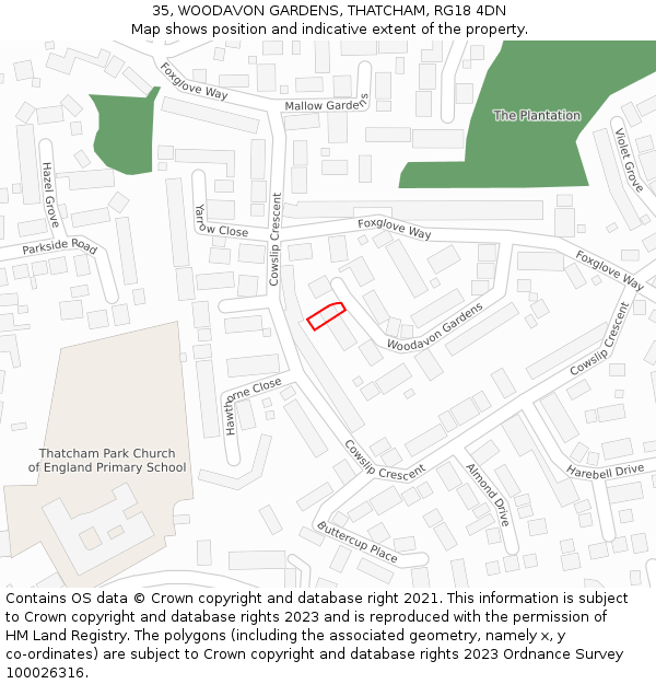 35, WOODAVON GARDENS, THATCHAM, RG18 4DN: Location map and indicative extent of plot