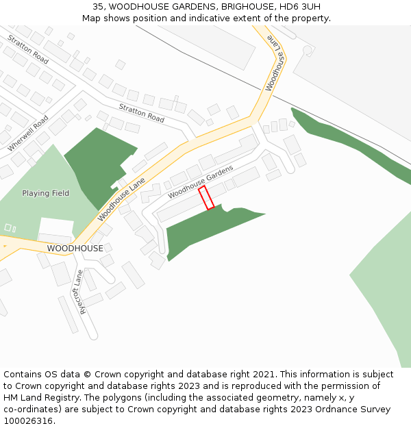 35, WOODHOUSE GARDENS, BRIGHOUSE, HD6 3UH: Location map and indicative extent of plot