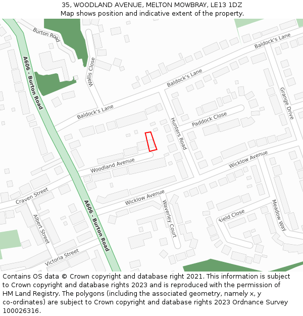 35, WOODLAND AVENUE, MELTON MOWBRAY, LE13 1DZ: Location map and indicative extent of plot