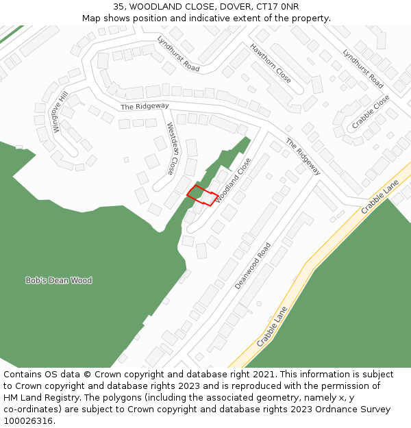 35, WOODLAND CLOSE, DOVER, CT17 0NR: Location map and indicative extent of plot