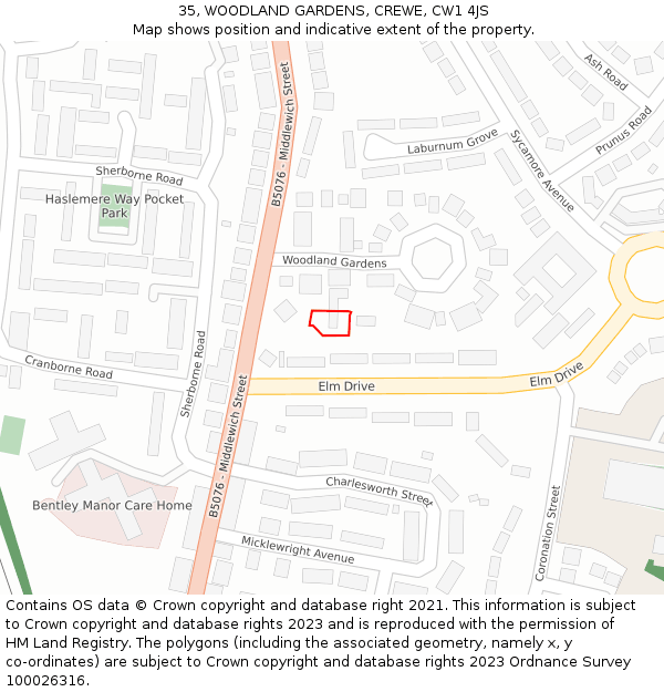 35, WOODLAND GARDENS, CREWE, CW1 4JS: Location map and indicative extent of plot