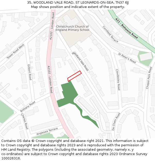 35, WOODLAND VALE ROAD, ST LEONARDS-ON-SEA, TN37 6JJ: Location map and indicative extent of plot