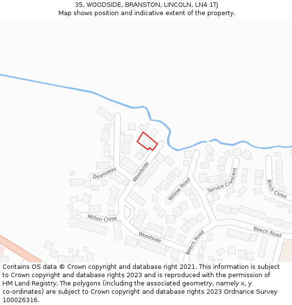 35, WOODSIDE, BRANSTON, LINCOLN, LN4 1TJ: Location map and indicative extent of plot