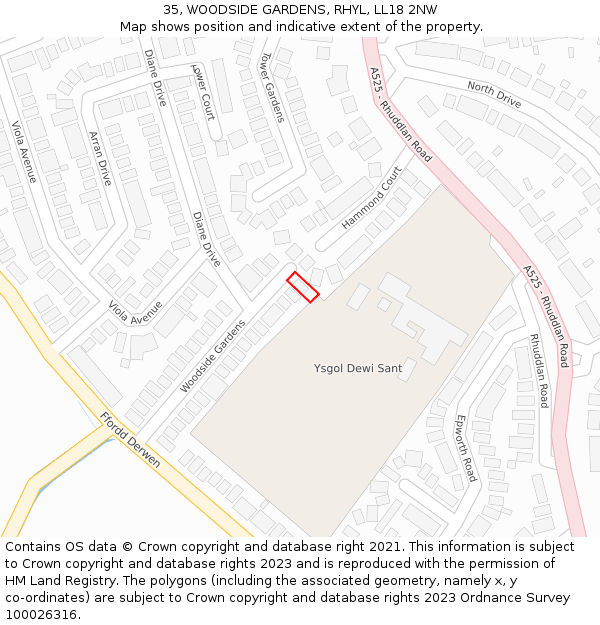 35, WOODSIDE GARDENS, RHYL, LL18 2NW: Location map and indicative extent of plot