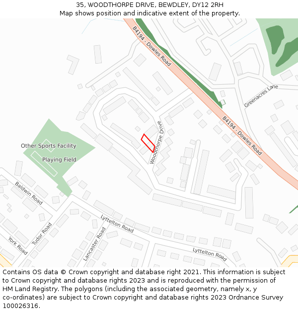 35, WOODTHORPE DRIVE, BEWDLEY, DY12 2RH: Location map and indicative extent of plot