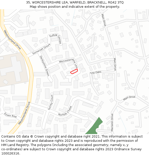 35, WORCESTERSHIRE LEA, WARFIELD, BRACKNELL, RG42 3TQ: Location map and indicative extent of plot