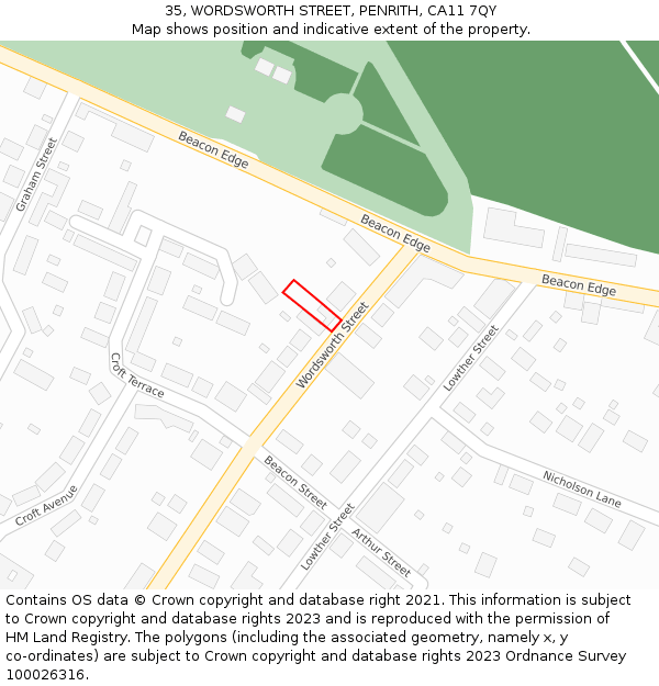 35, WORDSWORTH STREET, PENRITH, CA11 7QY: Location map and indicative extent of plot