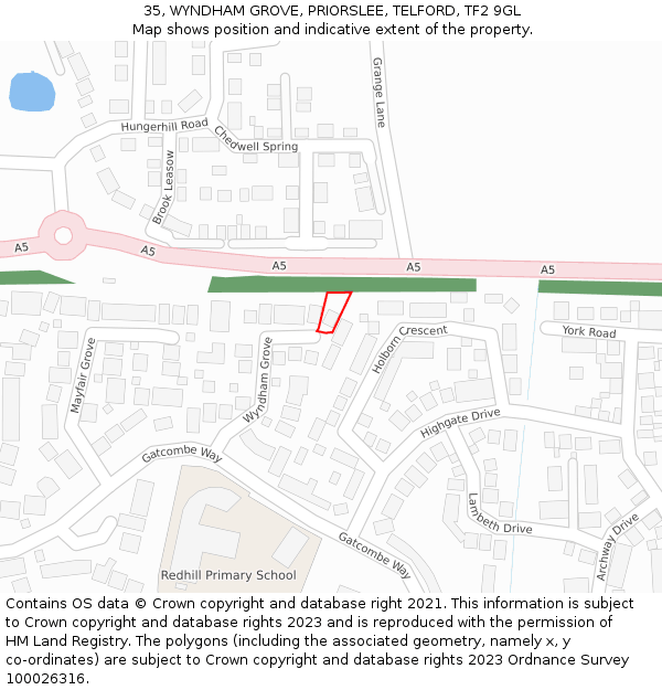 35, WYNDHAM GROVE, PRIORSLEE, TELFORD, TF2 9GL: Location map and indicative extent of plot