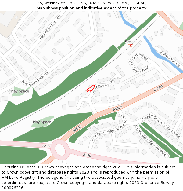 35, WYNNSTAY GARDENS, RUABON, WREXHAM, LL14 6EJ: Location map and indicative extent of plot