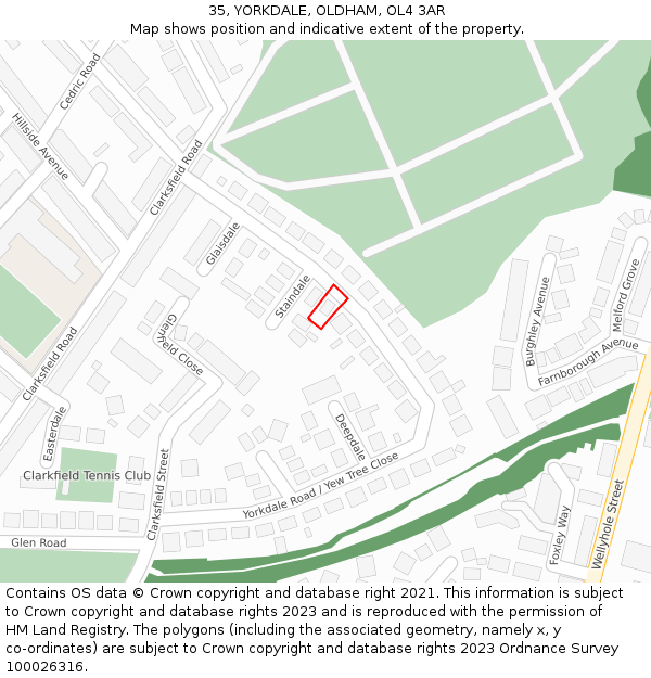 35, YORKDALE, OLDHAM, OL4 3AR: Location map and indicative extent of plot