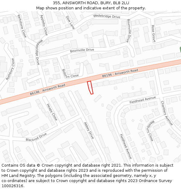 355, AINSWORTH ROAD, BURY, BL8 2LU: Location map and indicative extent of plot