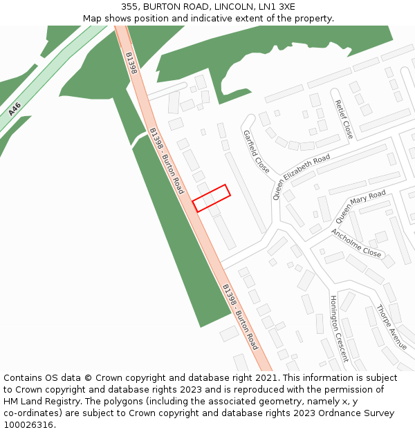 355, BURTON ROAD, LINCOLN, LN1 3XE: Location map and indicative extent of plot