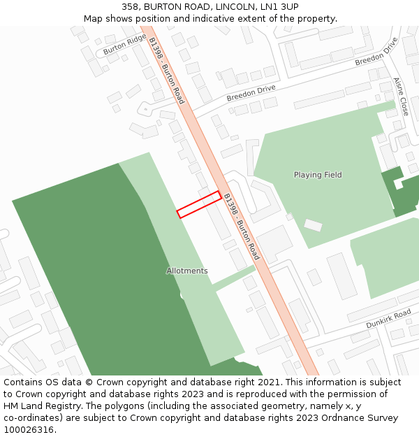 358, BURTON ROAD, LINCOLN, LN1 3UP: Location map and indicative extent of plot