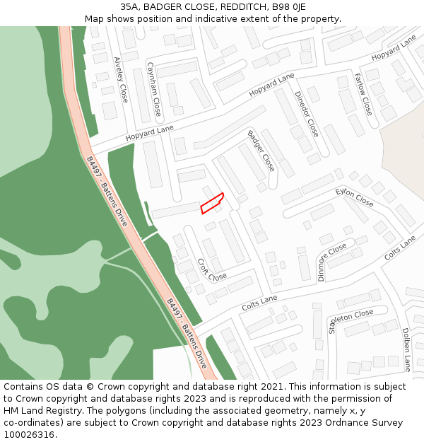 35A, BADGER CLOSE, REDDITCH, B98 0JE: Location map and indicative extent of plot