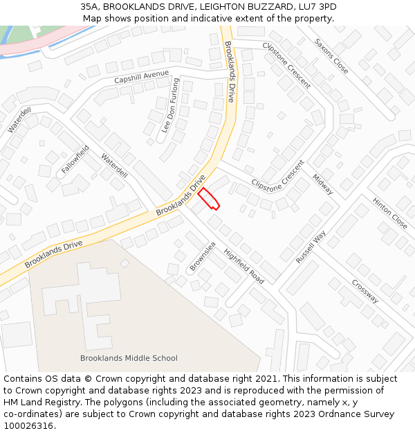 35A, BROOKLANDS DRIVE, LEIGHTON BUZZARD, LU7 3PD: Location map and indicative extent of plot