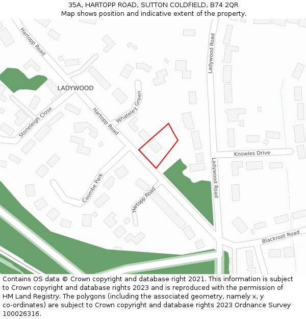 35A, HARTOPP ROAD, SUTTON COLDFIELD, B74 2QR: Location map and indicative extent of plot