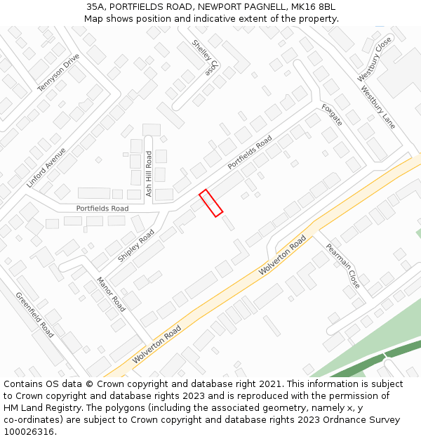 35A, PORTFIELDS ROAD, NEWPORT PAGNELL, MK16 8BL: Location map and indicative extent of plot