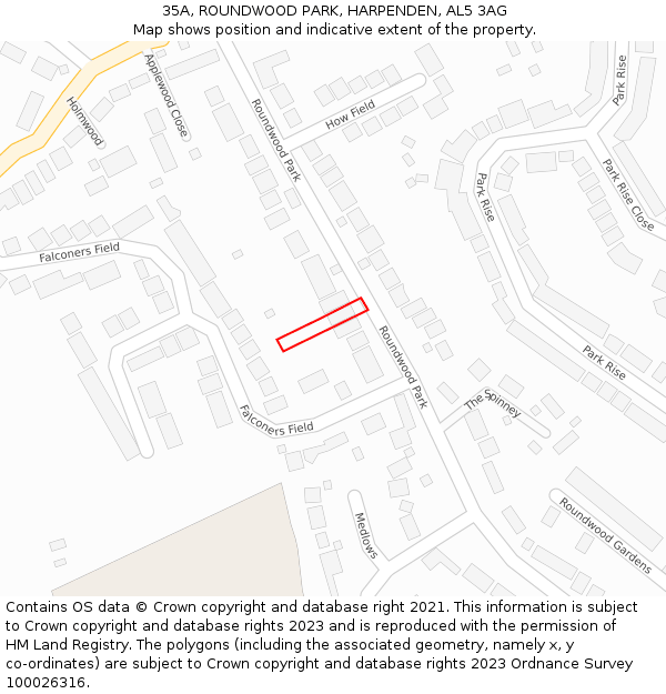 35A, ROUNDWOOD PARK, HARPENDEN, AL5 3AG: Location map and indicative extent of plot