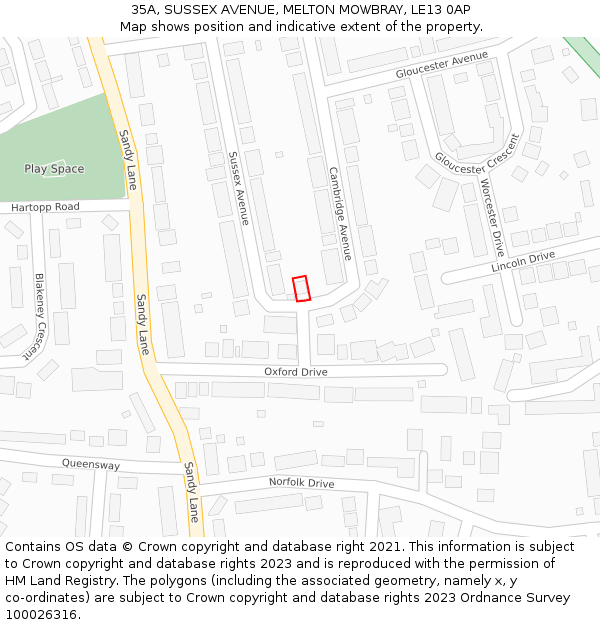 35A, SUSSEX AVENUE, MELTON MOWBRAY, LE13 0AP: Location map and indicative extent of plot