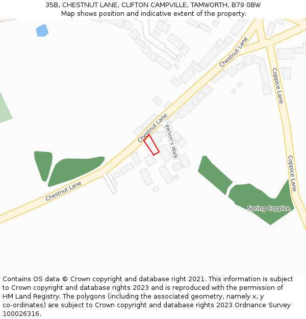 35B, CHESTNUT LANE, CLIFTON CAMPVILLE, TAMWORTH, B79 0BW: Location map and indicative extent of plot