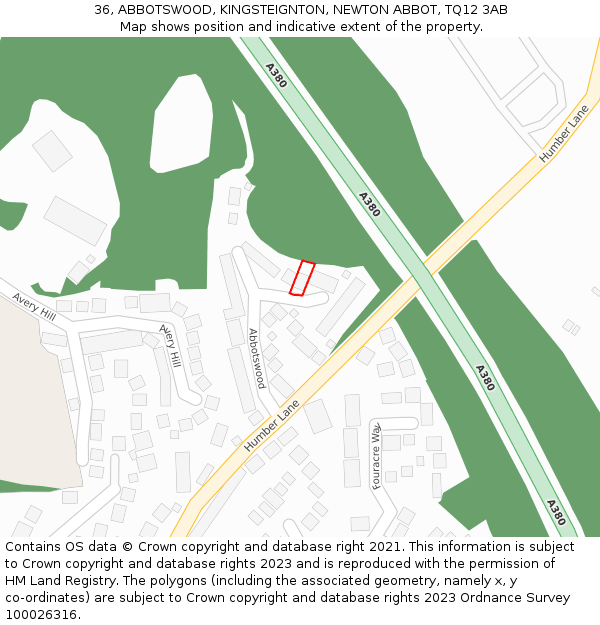 36, ABBOTSWOOD, KINGSTEIGNTON, NEWTON ABBOT, TQ12 3AB: Location map and indicative extent of plot