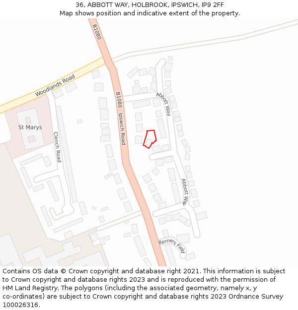 36, ABBOTT WAY, HOLBROOK, IPSWICH, IP9 2FF: Location map and indicative extent of plot