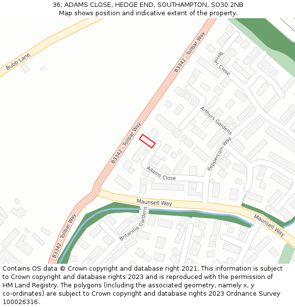 36, ADAMS CLOSE, HEDGE END, SOUTHAMPTON, SO30 2NB: Location map and indicative extent of plot