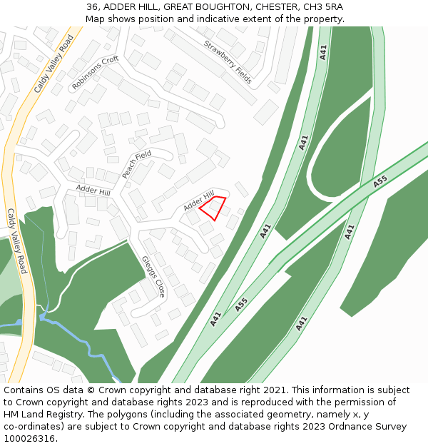 36, ADDER HILL, GREAT BOUGHTON, CHESTER, CH3 5RA: Location map and indicative extent of plot