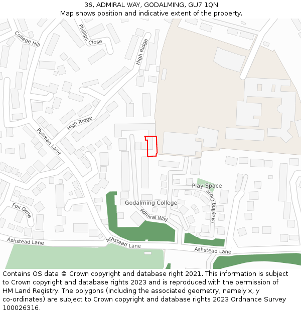 36, ADMIRAL WAY, GODALMING, GU7 1QN: Location map and indicative extent of plot