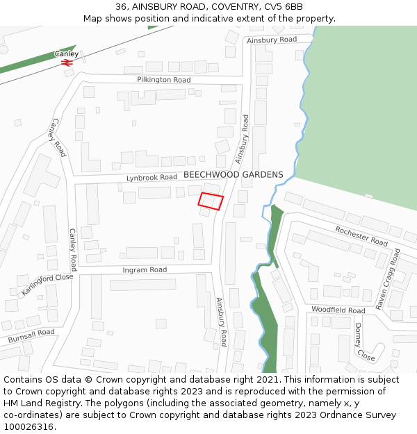 36, AINSBURY ROAD, COVENTRY, CV5 6BB: Location map and indicative extent of plot
