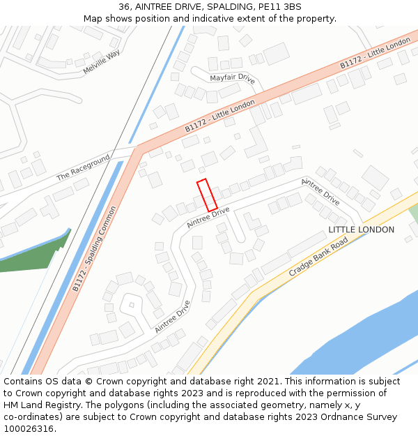 36, AINTREE DRIVE, SPALDING, PE11 3BS: Location map and indicative extent of plot