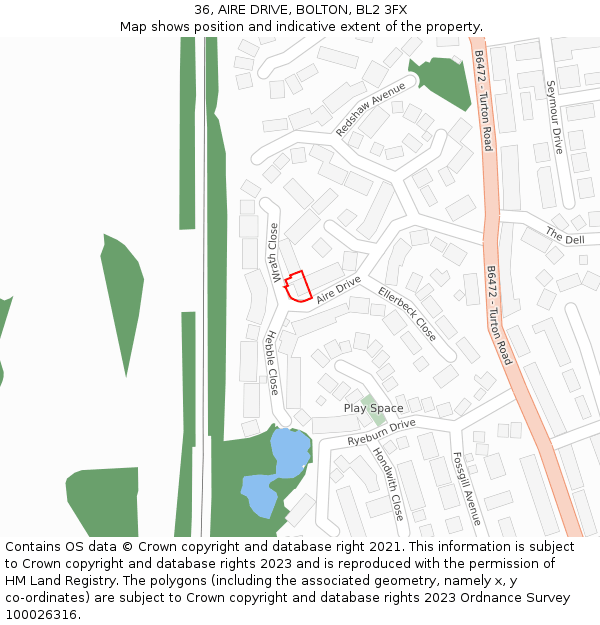 36, AIRE DRIVE, BOLTON, BL2 3FX: Location map and indicative extent of plot