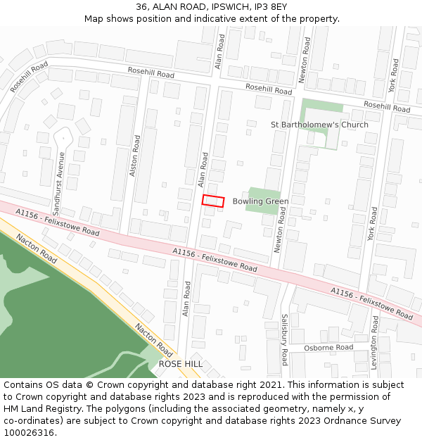 36, ALAN ROAD, IPSWICH, IP3 8EY: Location map and indicative extent of plot