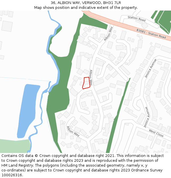 36, ALBION WAY, VERWOOD, BH31 7LR: Location map and indicative extent of plot